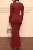 Red Casual Solid Patchwork V Neck Long Sleeve Dresses