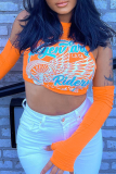 Orange Sexy Print Patchwork O Neck Tops
