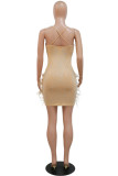 Apricot Sexy Patchwork Hot Drilling Feathers Backless Spaghetti Strap Sleeveless Dress