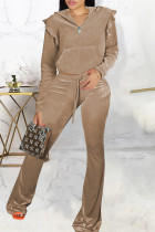 Camel Casual Solid Patchwork Zipper Collar Long Sleeve Two Pieces