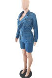 Royal Blue Casual Street Solid Patchwork Buttons Turndown Collar Long Sleeve Straight Denim Jumpsuits