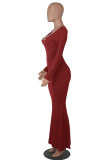 Red Casual Solid Patchwork V Neck Long Sleeve Dresses