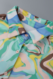 Yellow Casual Print Patchwork Turndown Collar Long Sleeve Two Pieces