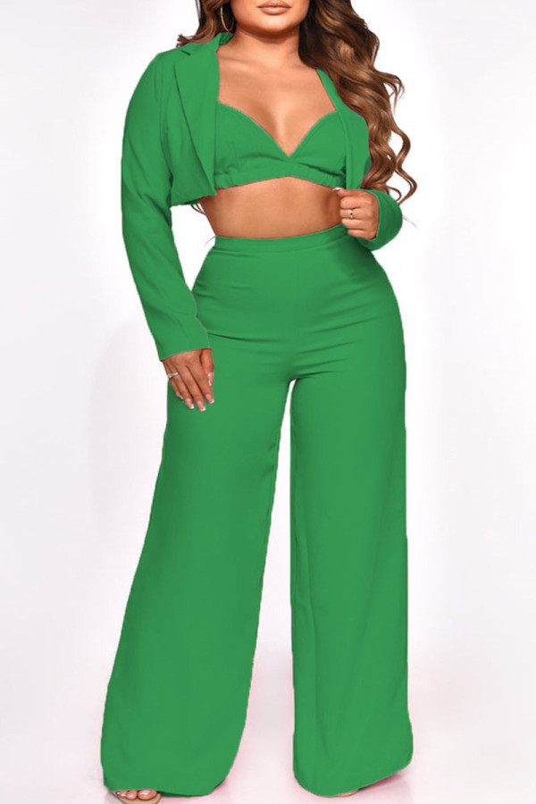 Green Sexy Solid Patchwork Turn-back Collar Long Sleeve Three Pieces