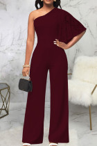Burgundy Sexy Solid Patchwork Oblique Collar Straight Jumpsuits