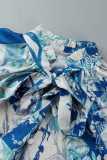 Blue Sweet Print Bandage Patchwork Ribbon Collar A Line Dresses
