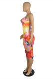 Multicolor Fashion Sexy Print Backless V Neck Sling Dress
