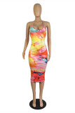 Multicolor Fashion Sexy Print Backless V Neck Sling Dress