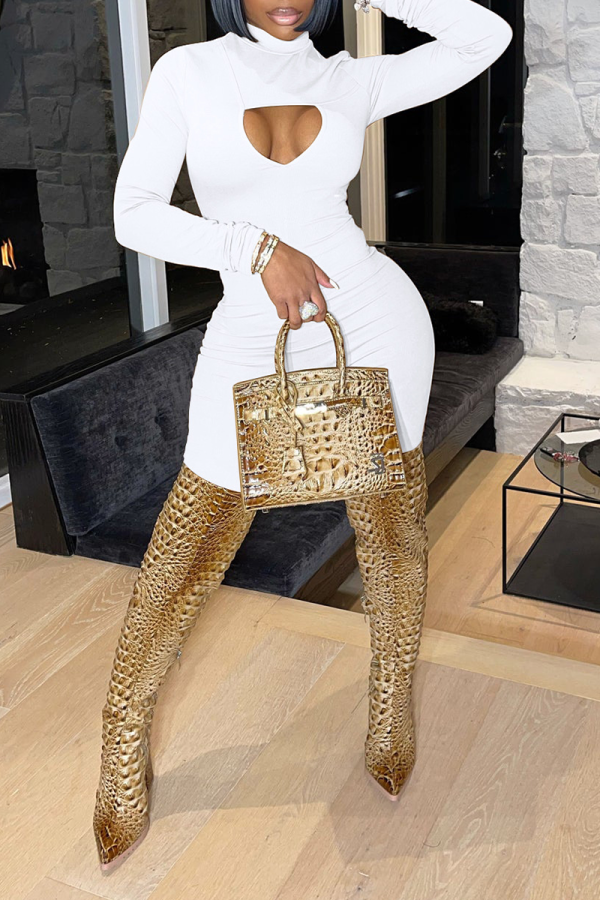 White Sexy Solid Patchwork Half A Turtleneck Skinny Jumpsuits