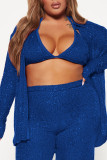 Blue Sexy Solid Sequins Patchwork Turndown Collar Tops Two Pieces