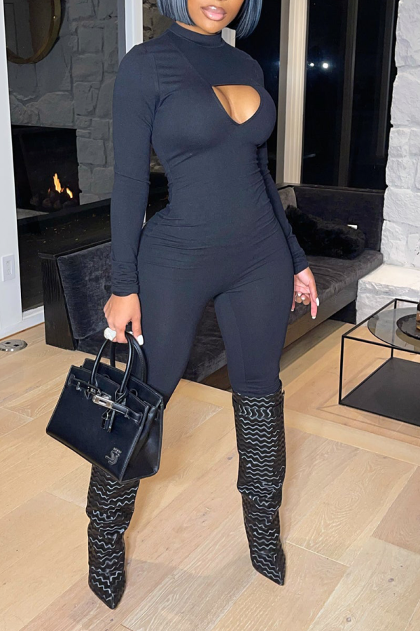 Black Sexy Solid Patchwork Half A Turtleneck Skinny Jumpsuits