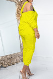 Yellow Casual Solid Ripped Hollowed Out Patchwork Hooded Collar Long Sleeve Two Pieces