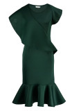 Rose Red Elegant Solid Patchwork Flounce O Neck Trumpet Mermaid Dresses