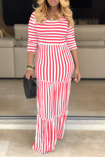 Red Casual Striped Patchwork O Neck Straight Dresses