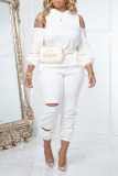 Yellow Casual Solid Ripped Hollowed Out Patchwork Hooded Collar Long Sleeve Two Pieces