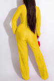 Yellow Sexy Solid Bandage Patchwork Fold V Neck Straight Jumpsuits