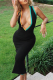 Black Sexy Solid Patchwork V Neck Pencil Skirt Dresses