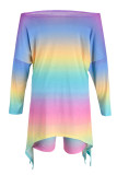 Blue Casual Print Patchwork Asymmetrical Oblique Collar Three Quarter Two Pieces