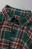 Ink Green Casual Plaid Print Patchwork Buckle Turndown Collar Tops