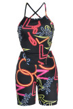 Black Sexy Print Bandage Patchwork Backless Asymmetrical Sleeveless Two Pieces