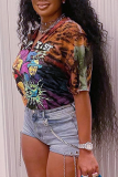 Multicolor Casual Print Patchwork V Neck T-Shirts