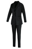 Blue Casual Solid Patchwork Turn-back Collar Long Sleeve Two Pieces