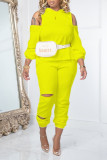 Yellow Casual Solid Ripped Hollowed Out Patchwork Hooded Collar Long Sleeve Two Pieces