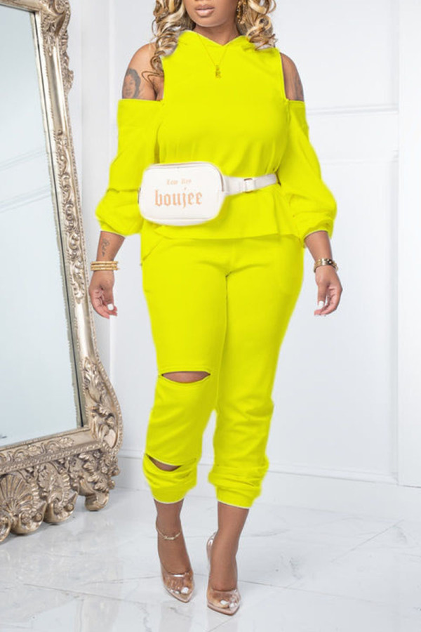 Yellow Casual Solid Ripped Hollowed Out Patchwork Hooded Collar Long Sleeve Two Pieces