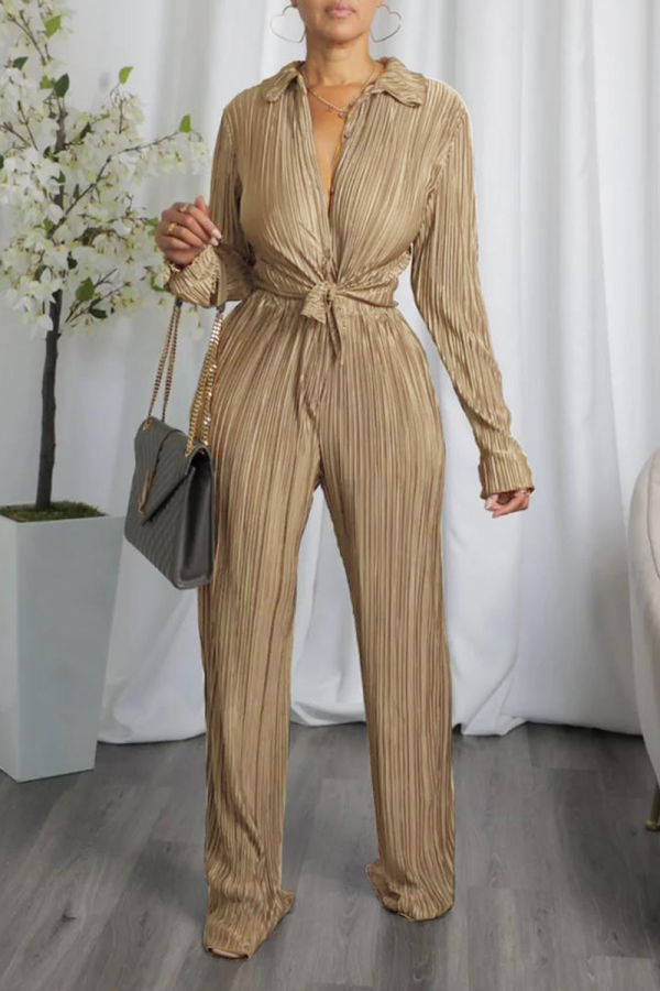 Khaki Casual Solid Patchwork Turndown Collar Long Sleeve Two Pieces