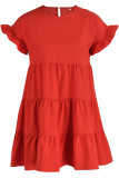 Rose Red Casual Solid Patchwork Fold Stringy Selvedge O Neck A Line Dresses