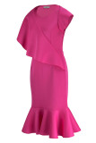 Rose Red Elegant Solid Patchwork Flounce O Neck Trumpet Mermaid Dresses