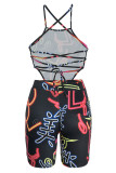 Black Sexy Print Bandage Patchwork Backless Asymmetrical Sleeveless Two Pieces