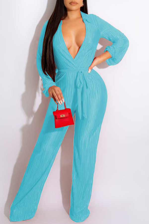 Sky Blue Sexy Solid Bandage Patchwork Fold V Neck Straight Jumpsuits