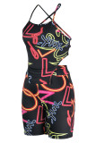 Black Sexy Print Bandage Patchwork Backless Asymmetrical Sleeveless Two Pieces