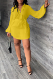 Yellow Casual Solid Patchwork Turndown Collar Shirt Dress Dresses