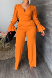 Orange Casual Solid Patchwork V Neck Long Sleeve Two Pieces
