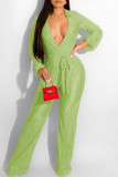 Green Yellow Sexy Solid Patchwork Fold V Neck Straight Jumpsuits