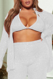 Silver White Sexy Solid Sequins Patchwork Turndown Collar Tops Two Pieces
