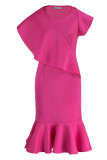 Rose Red Elegant Solid Patchwork Flounce O Neck Trumpet Mermaid Dresses