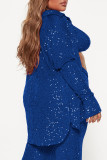 Blue Sexy Solid Sequins Patchwork Turndown Collar Tops Two Pieces