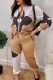 White Brown Casual Print Patchwork Mandarin Collar Long Sleeve Two Pieces