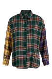 Ink Green Casual Plaid Print Patchwork Buckle Turndown Collar Tops