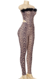 Leopard Print Sexy Leopard Tassel Strapless Sleeveless Two Pieces