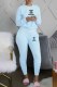 Light Blue Casual Print Letter O Neck Long Sleeve Two Pieces
