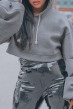 Grey Casual Solid Draw String Hooded Collar Tops