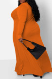 Orange Casual Solid Patchwork V Neck Long Sleeve Plus Size Dresses