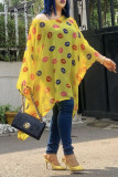 Yellow Casual Print Patchwork Asymmetrical O Neck T-Shirts