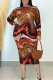Multicolor Casual Print Patchwork Half A Turtleneck Long Sleeve Plus Size Dresses