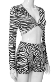 Black White Sexy Animal Print Patchwork V Neck Long Sleeve Two Pieces