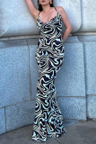 Black Sexy Print Patchwork Halter Trumpet Mermaid Dresses